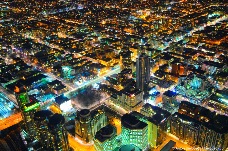 Toronto Downtown (Spadina Ave.) at night as seen from CN Tower