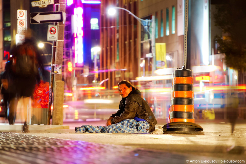 Toronto Homeless Native American Guy. Long Exposure on Wellington St.