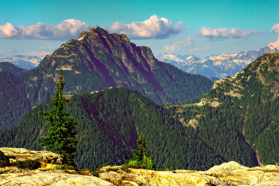 Вид с вершины Goat Mountain на Crown Mountain и горы на севере Ванкувера, которые не видно из города.