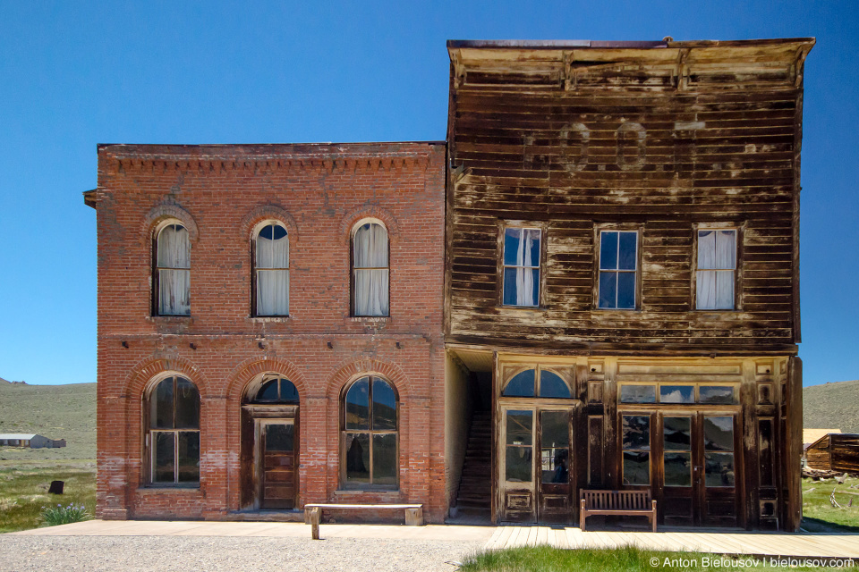 Bodie, CA Post Office (brick building) and the Odd Fellows Hall (wooden)
