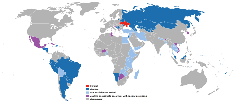 Countries map where ukrainians can travel without visa